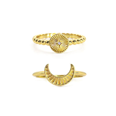 Gold engraved set of 2 sun and moon rings with CZ crystal