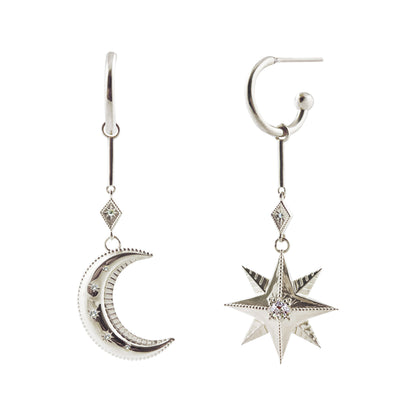 Statement sterling silver bar star and moon drop hoop earrings with CZ crystals