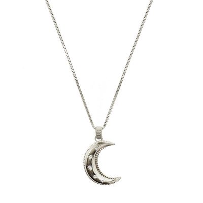 Sterling silver engraved moon pendant necklace on box chain CZ crystals