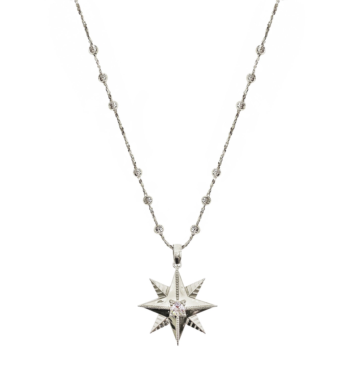 Sterling silver 3D star pendant necklace with CZ crystal on bobble chain