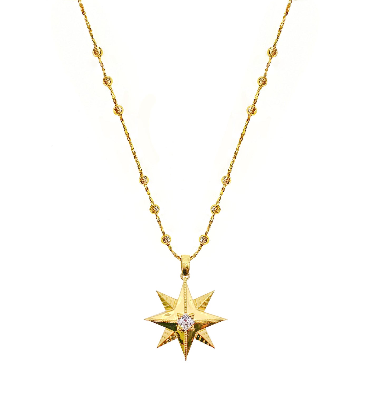 Gold plated sterling silver 3D star pendant necklace with CZ crystal on bobble chain