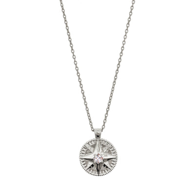 Sterling Silver 3D engraved star coin necklace with CZ crystal