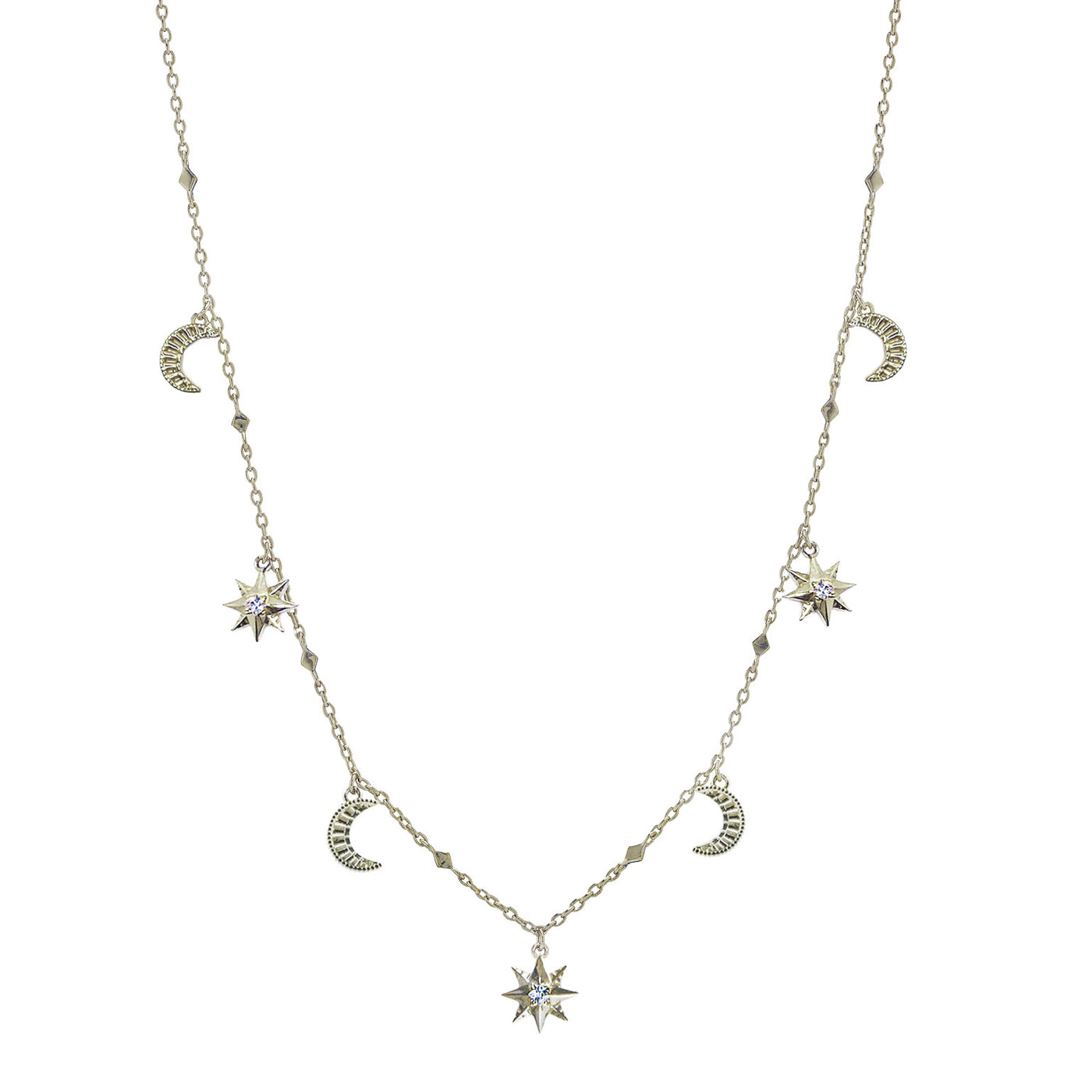 Sterling silver moon and star choker necklace with CZ crystals