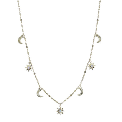 Sterling silver moon and star choker necklace with CZ crystals