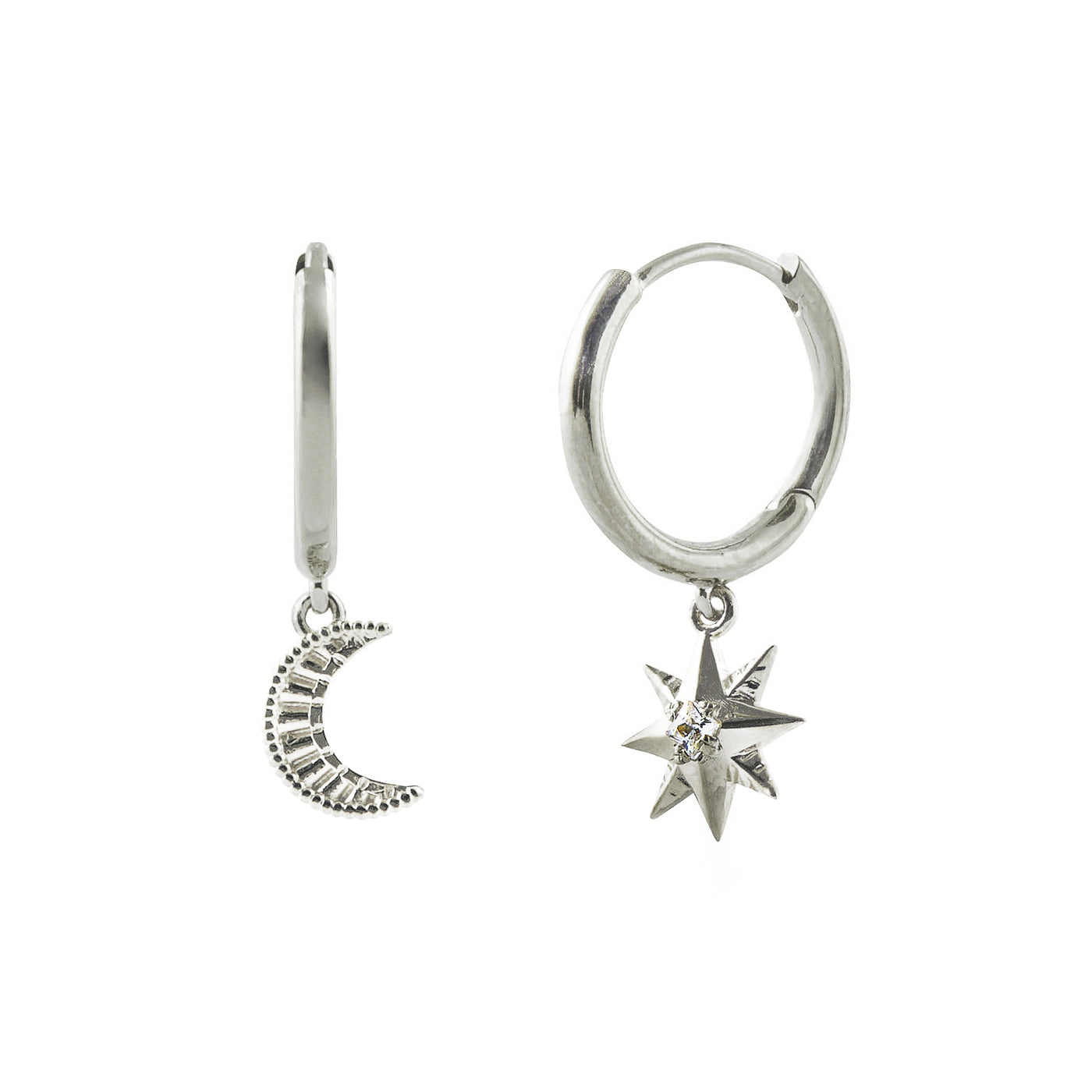 Sterling silver moon and star mini huggie hoops with CZ crystal