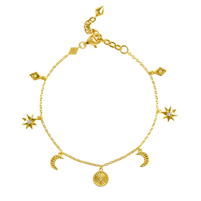 Gold moon and star charm bracelet with CZ crystals