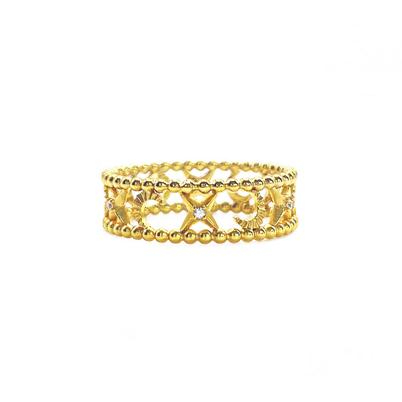 Gold plated sterling silver moon moon and star filigree ring with CZ crystals