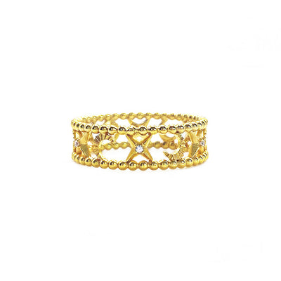 Gold plated sterling silver moon moon and star filigree ring with CZ crystals