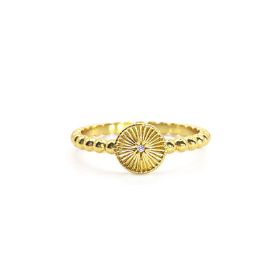 Gold engraved sun ring with CZ crystal