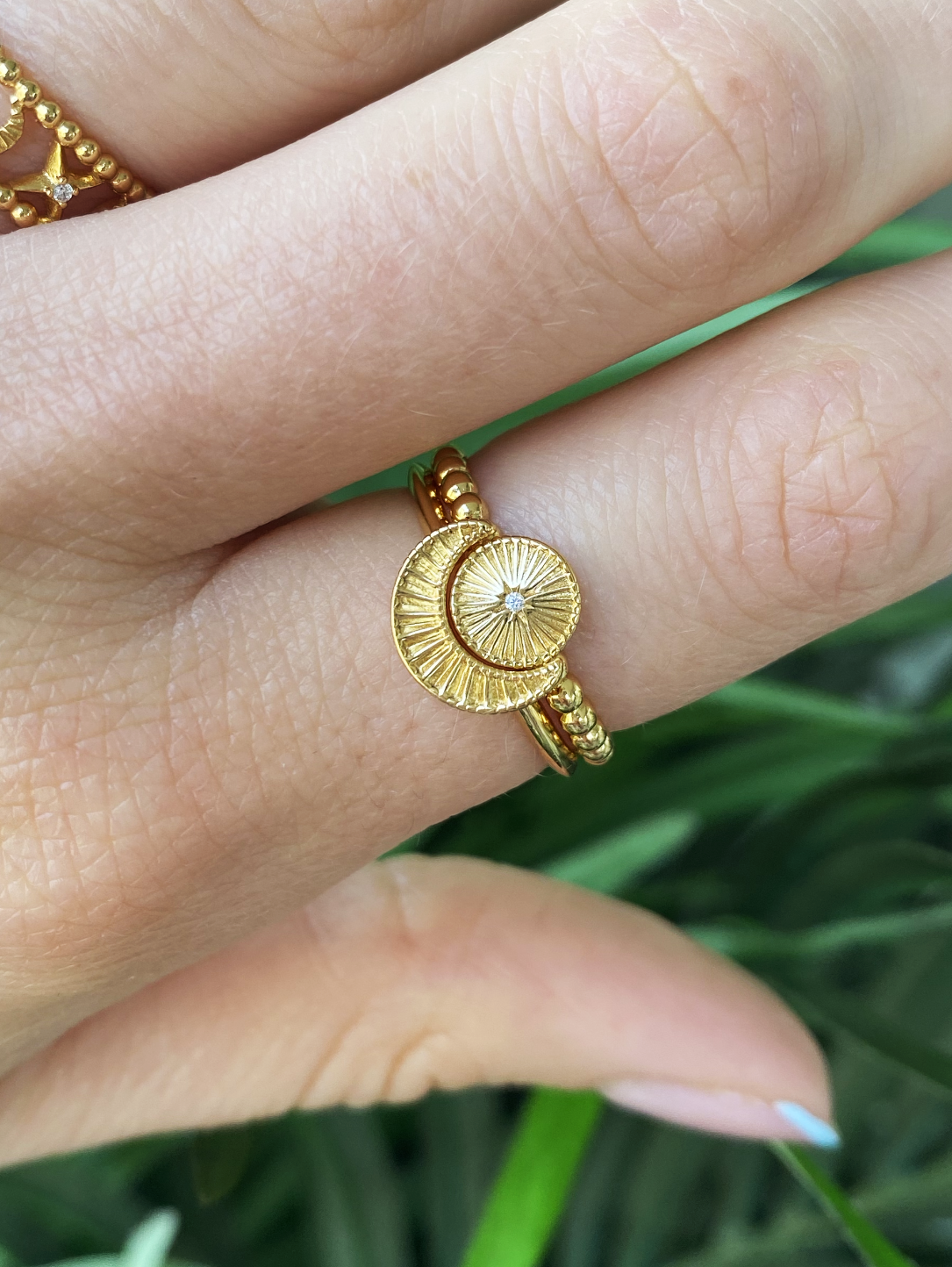 Gold engraved set of 2 sun and moon rings with CZ crystal