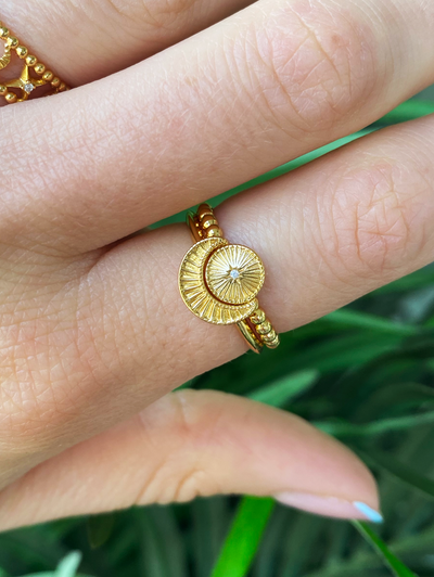 Gold engraved set of 2 sun and moon rings with CZ crystal