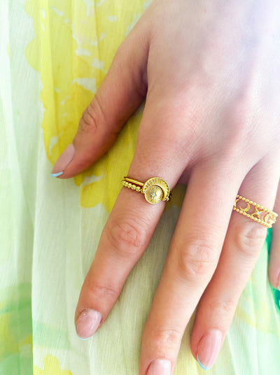 Gold engraved set of 2 sun and moon rings with CZ crystal