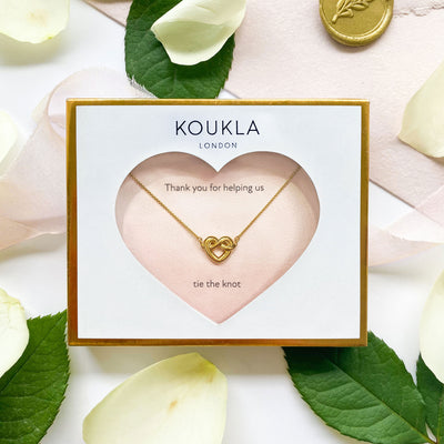 18kt Gold plated sterling silver heart knot bridesmaid necklace in envelope gift packaging