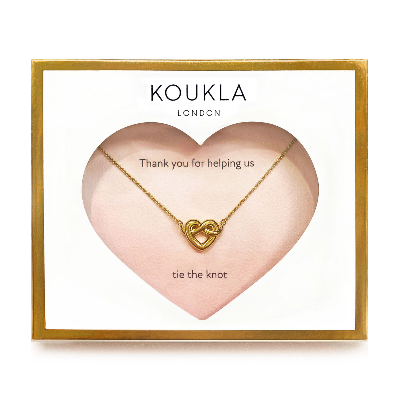 18kt Gold plated sterling silver heart knot bridesmaid necklace in envelope gift packaging