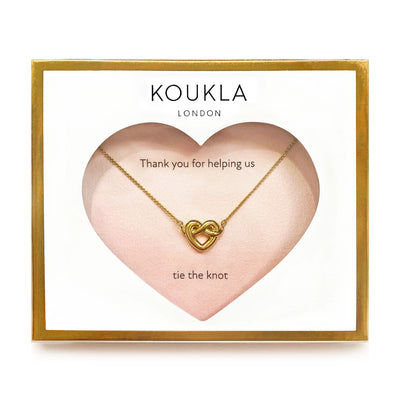 18kt Gold plated sterling silver heart knot bridesmaid necklace in envelope gift packaging