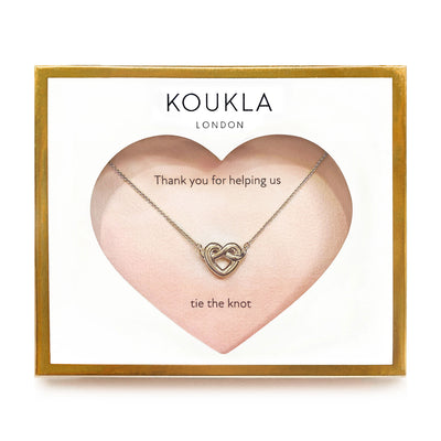 Sterling silver heart knot bridesmaid ‘thank you’ necklace in envelope gift packaging