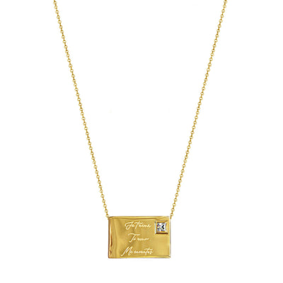 Gold engraved reversible envelope necklace with CZ crystal