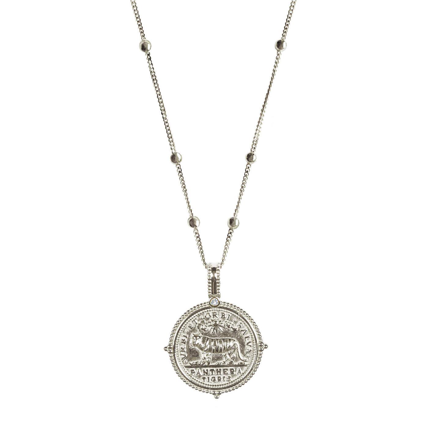 Sterling silver engraved tiger coin pendant necklace on bobble chain