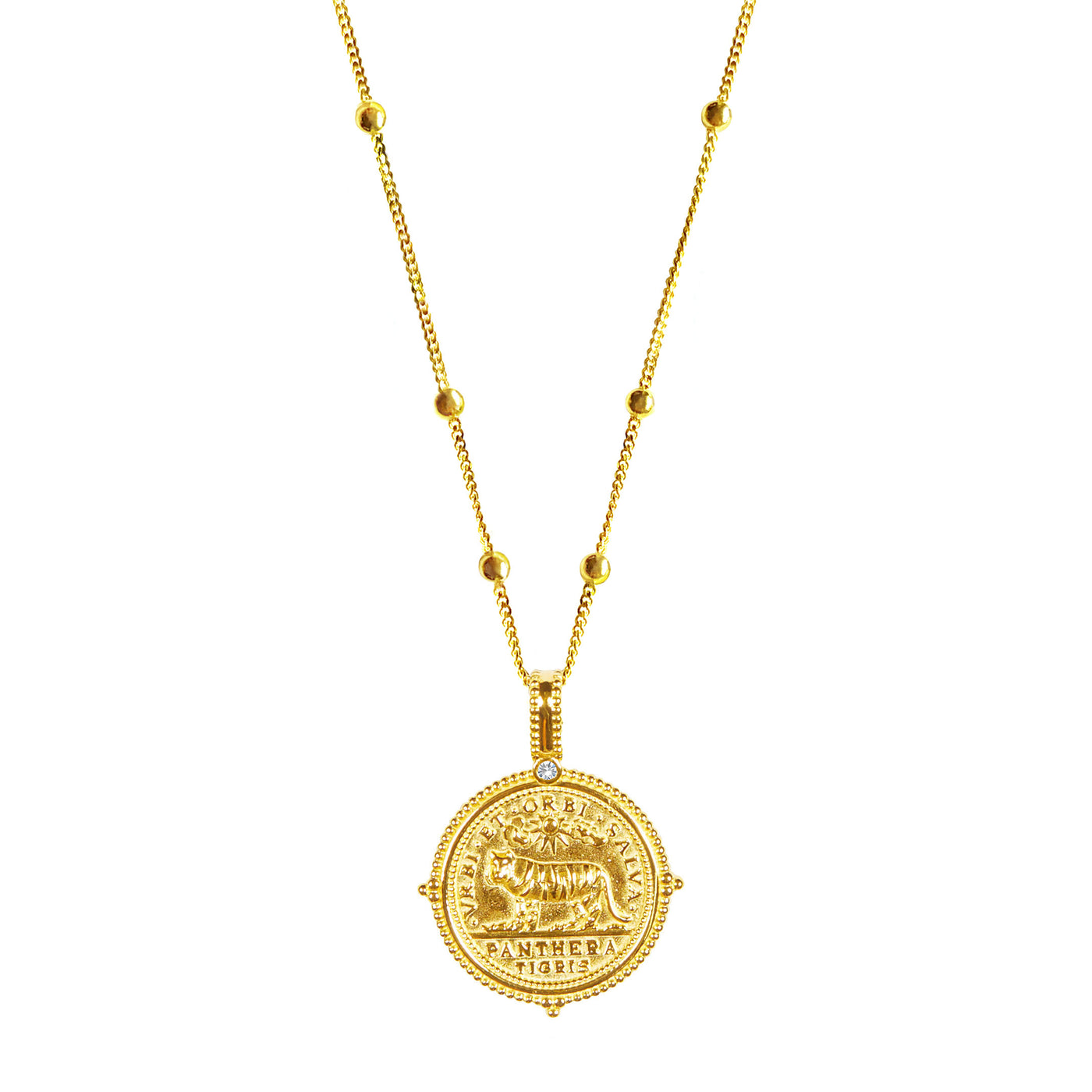 Gold plated sterling silver rope necklace and engraved tiger coin pendant on bobble chain