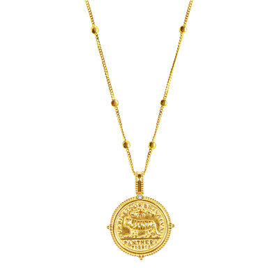 Gold plated sterling silver rope necklace and engraved tiger coin pendant on bobble chain