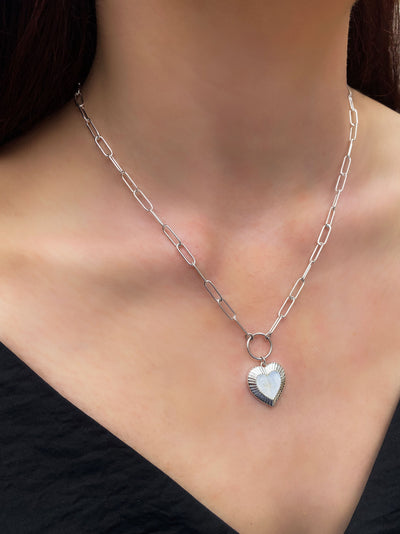 Silver chunky chain necklace with blue lace agate heart charm