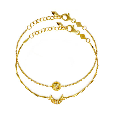 Gold plated Sterling silver engraved set of 2 delicate sun and moon bracelets with CZ crystals