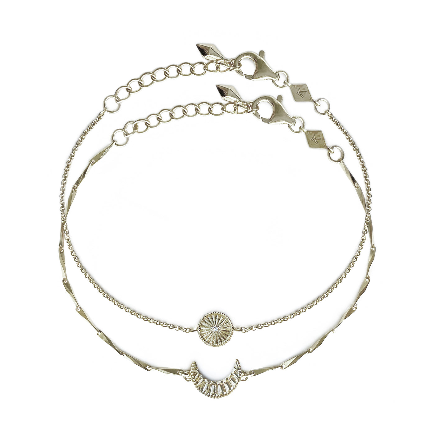 Sterling silver engraved set of 2 delicate sun and moon bracelets with CZ crystals