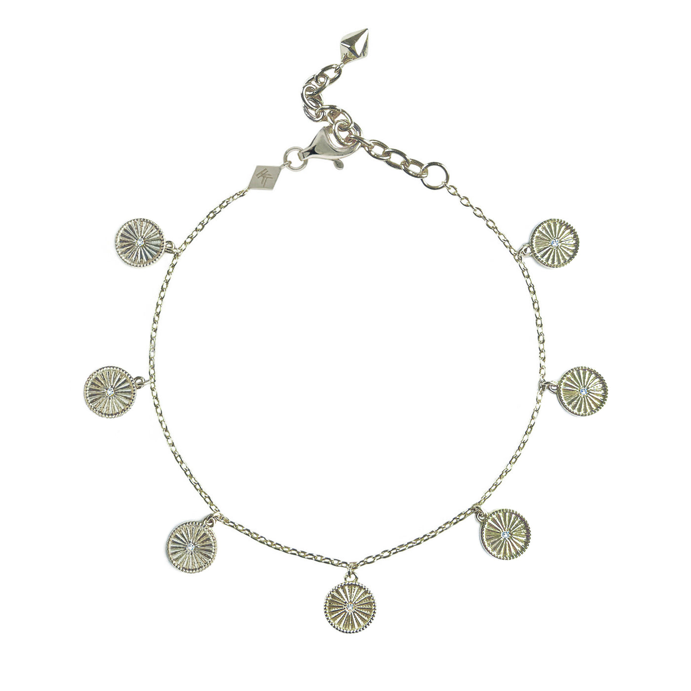 Sterling Silver bracelet with engraved coin hanging charms featuring CZ crystals
