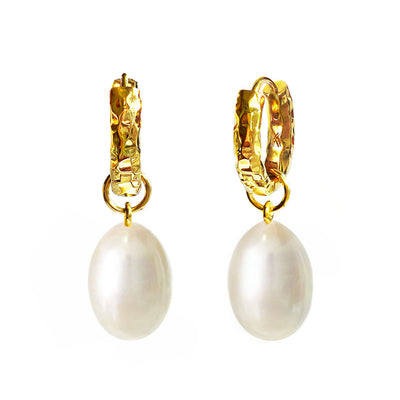 Gold plated sterling silver textured hoop drop earrings featuring freshwater pearls for wedding