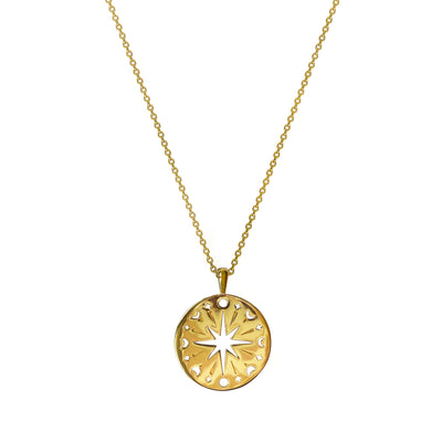 Gold plated sterling silver engraved coin pendant featuring filigree star and phases of the moon