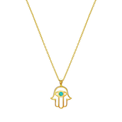 Gold plated sterling silver hamsa hand necklace with aquamarine semi-precious turquoise stone