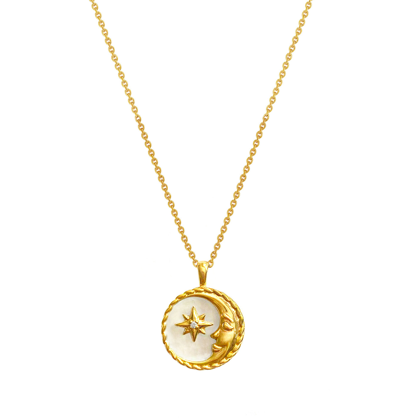 18ct gold plated sterling silver necklace with round engraved sun pendant on mother of pearl base