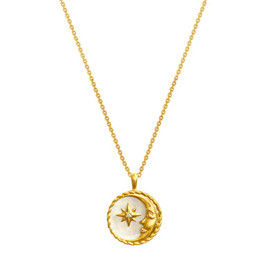 18ct gold plated sterling silver necklace with round engraved sun pendant on mother of pearl base