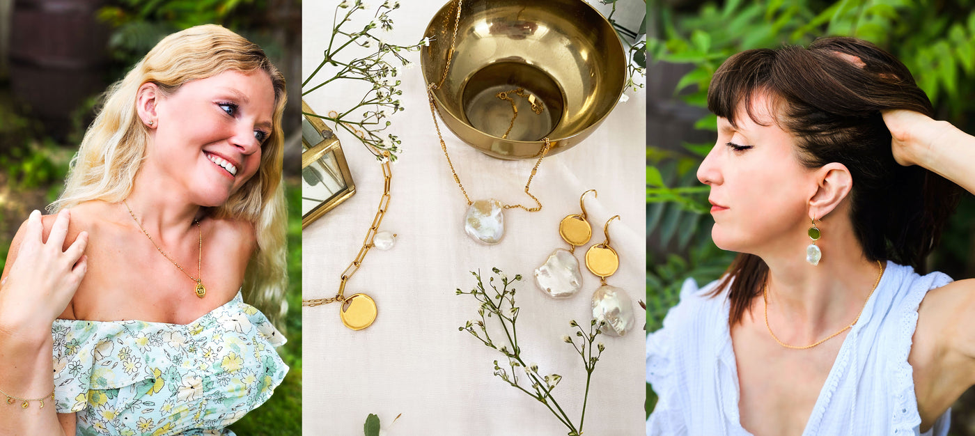 Models wearing gold engraved necklace, rope necklace and pearl earrings with pearl and coin jewellery flatlay