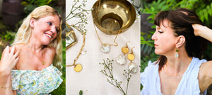 Models wearing gold engraved necklace, rope necklace and pearl earrings with pearl and coin jewellery flatlay