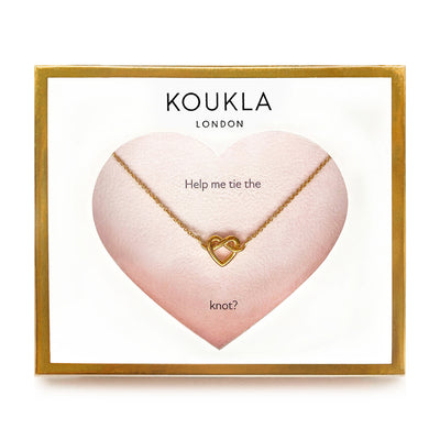 18kt Gold plated sterling silver heart knot necklace for bridesmaid in giftable heart packaging