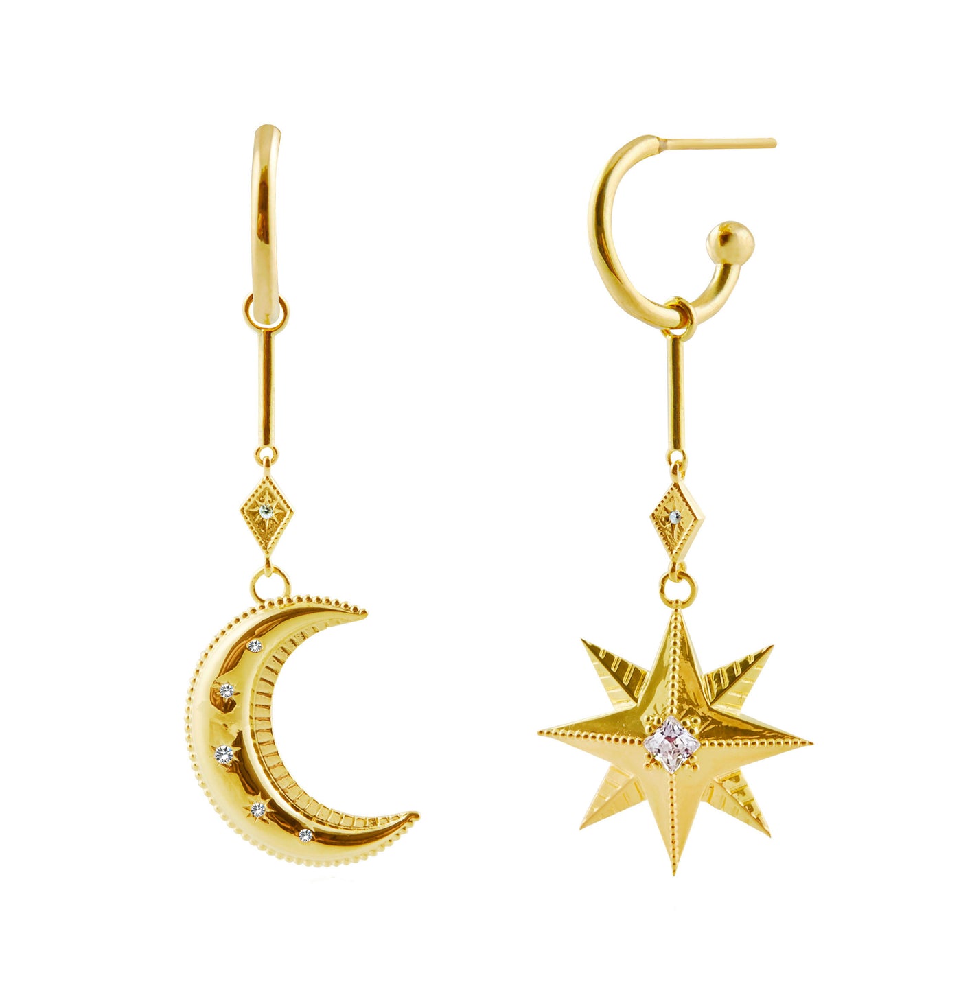 Statement gold bar star and moon drop hoop earrings with CZ crystals