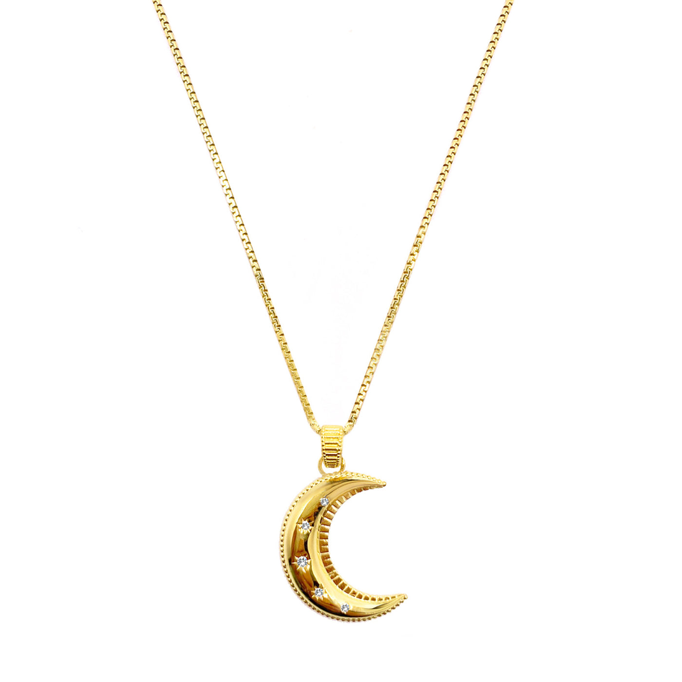 Gold plated sterling silver engraved moon pendant necklace on box chain CZ crystals