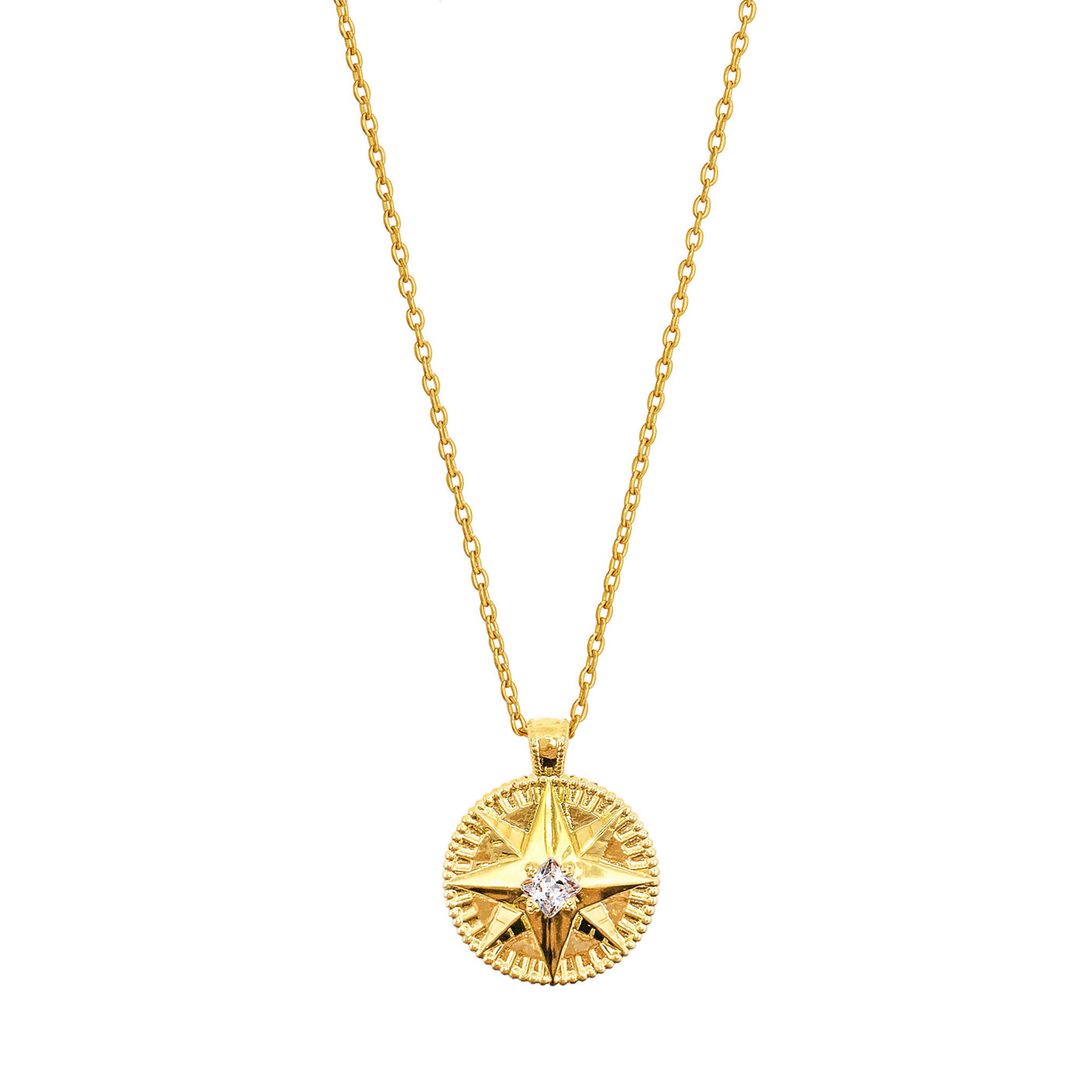 Gold plated sterling silver 3D engraved star coin necklace with CZ crystal