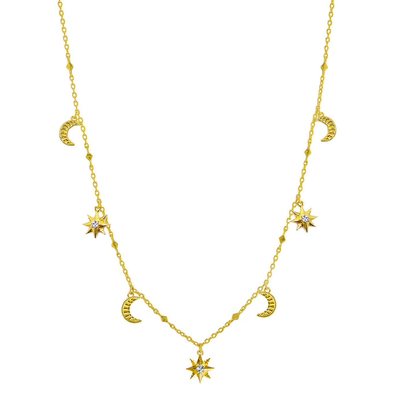 Gold moon and star choker necklace with CZ crystals