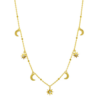 Gold moon and star choker necklace with CZ crystals