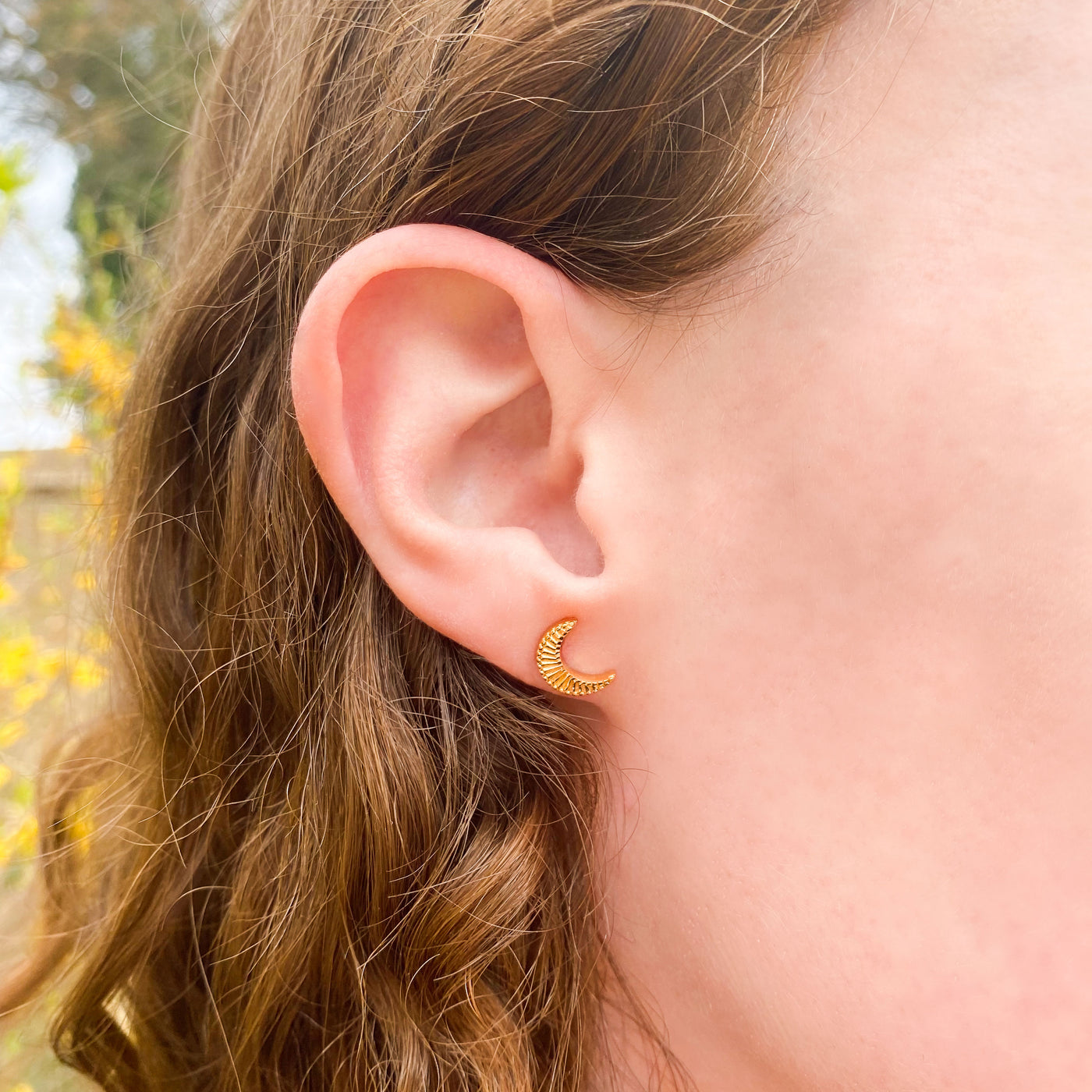 Gold engraved moon stud earrings