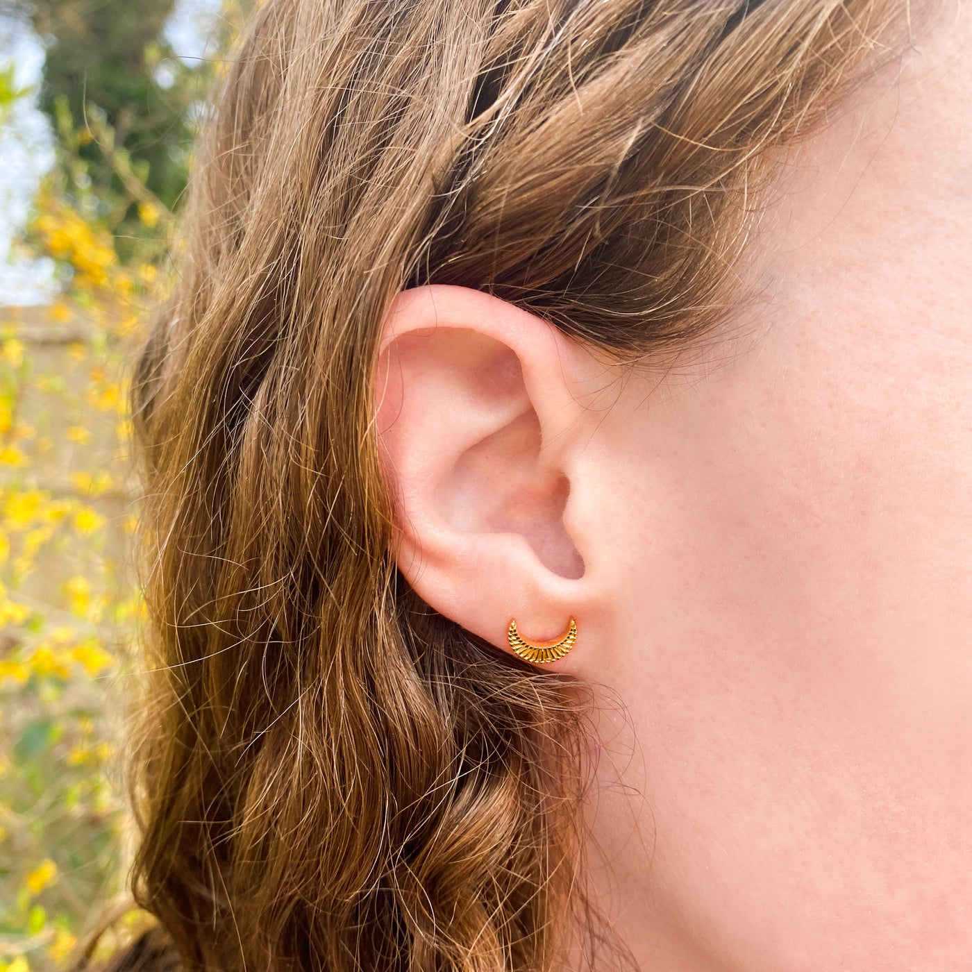 Gold engraved moon stud earrings