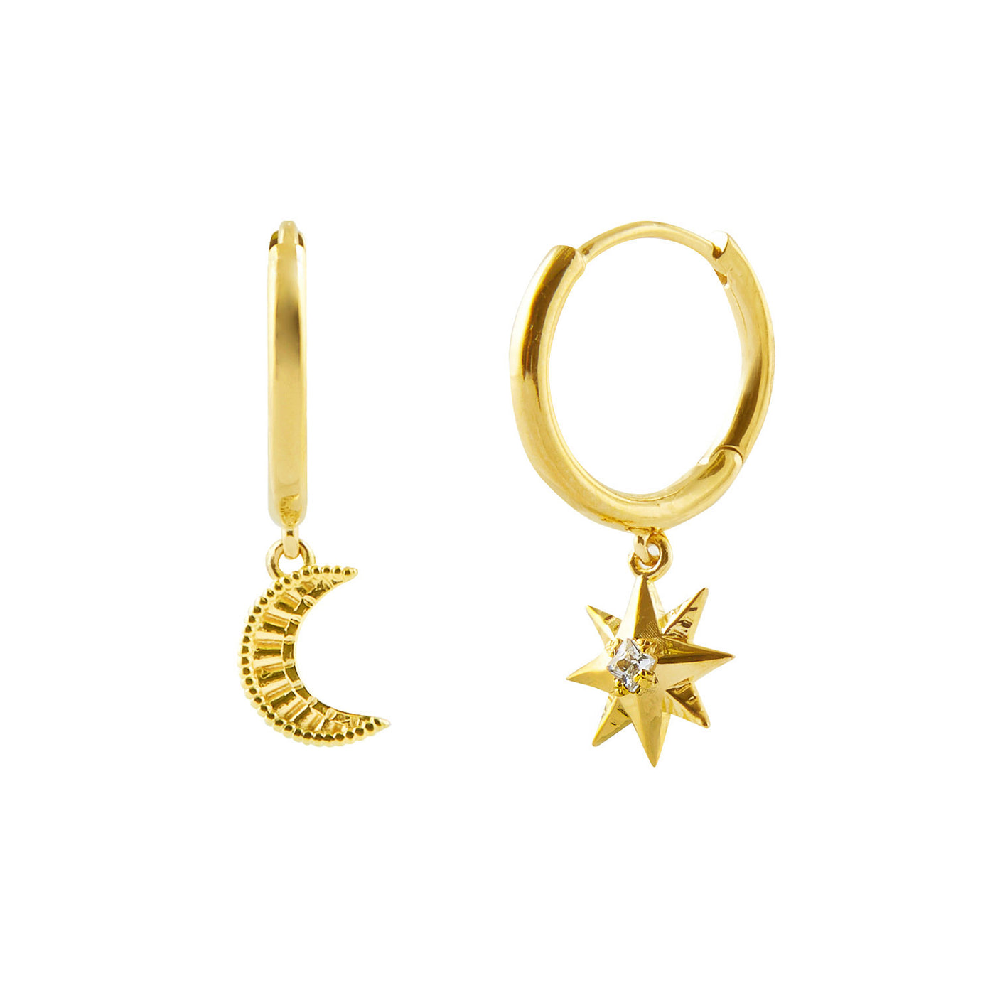 Gold moon and star mini huggie hoops with CZ crystal