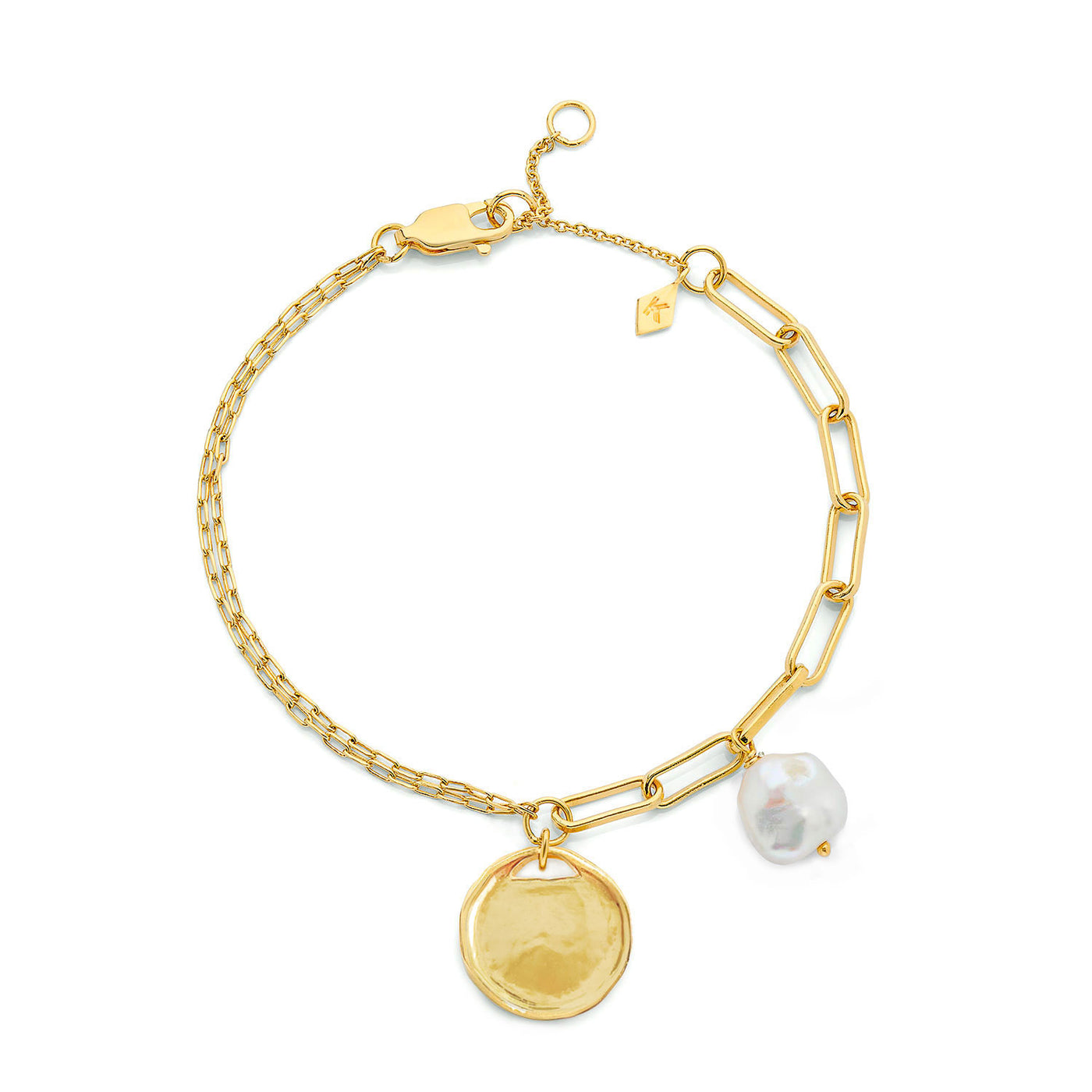 Gold chain bracelet with coin and freshwater pearl charms