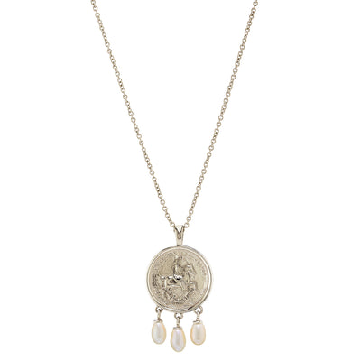 Silver engraved horse coin pendant necklace with hanging freshwater pearls