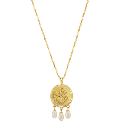 Gold engraved horse coin pendant necklace with hanging freshwater pearls