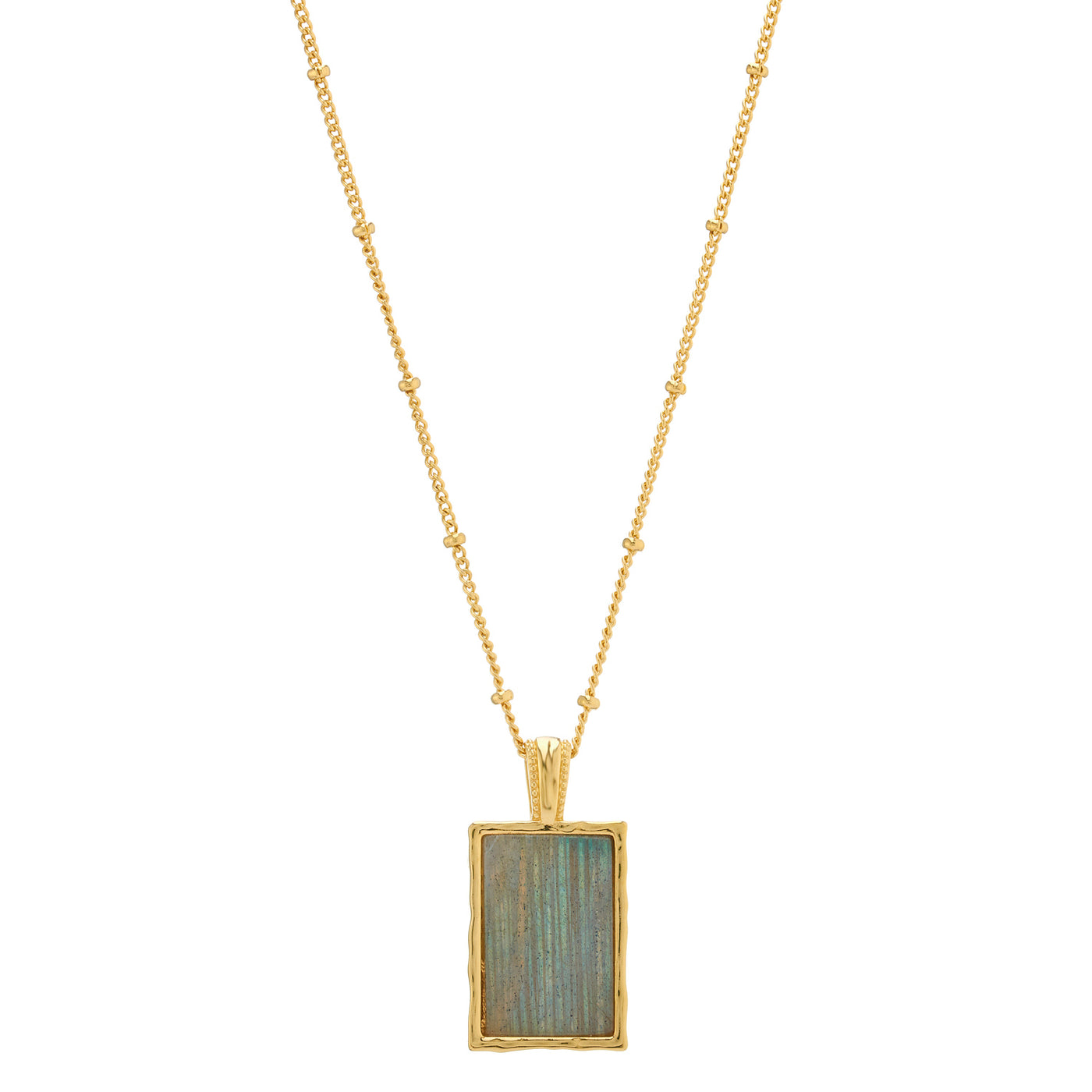 Gold labradorite rectangle pendant necklace with bobble chain