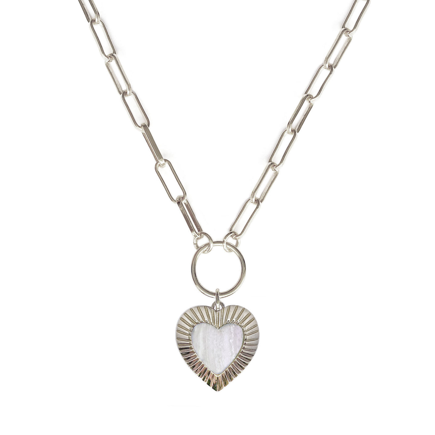 Silver chunky chain necklace with lace agate heart charm