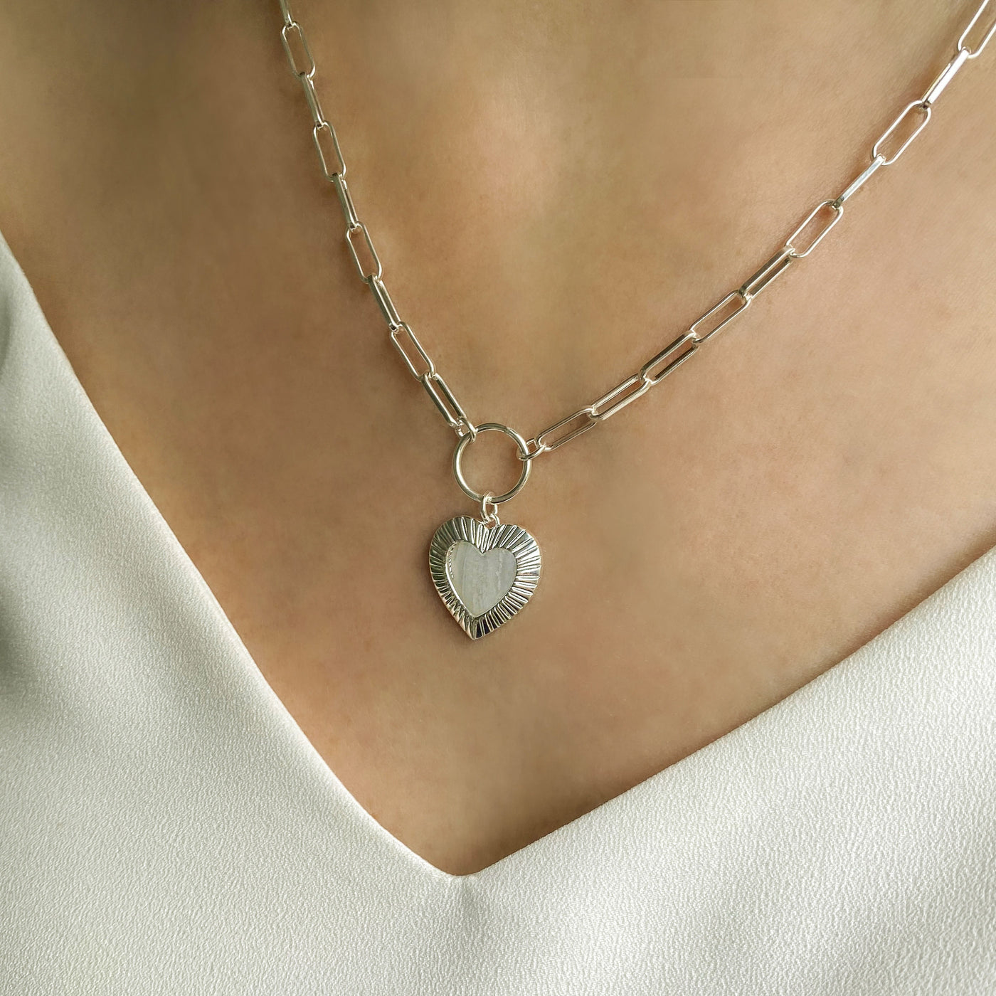 Silver chunky chain necklace with blue lace agate heart charm